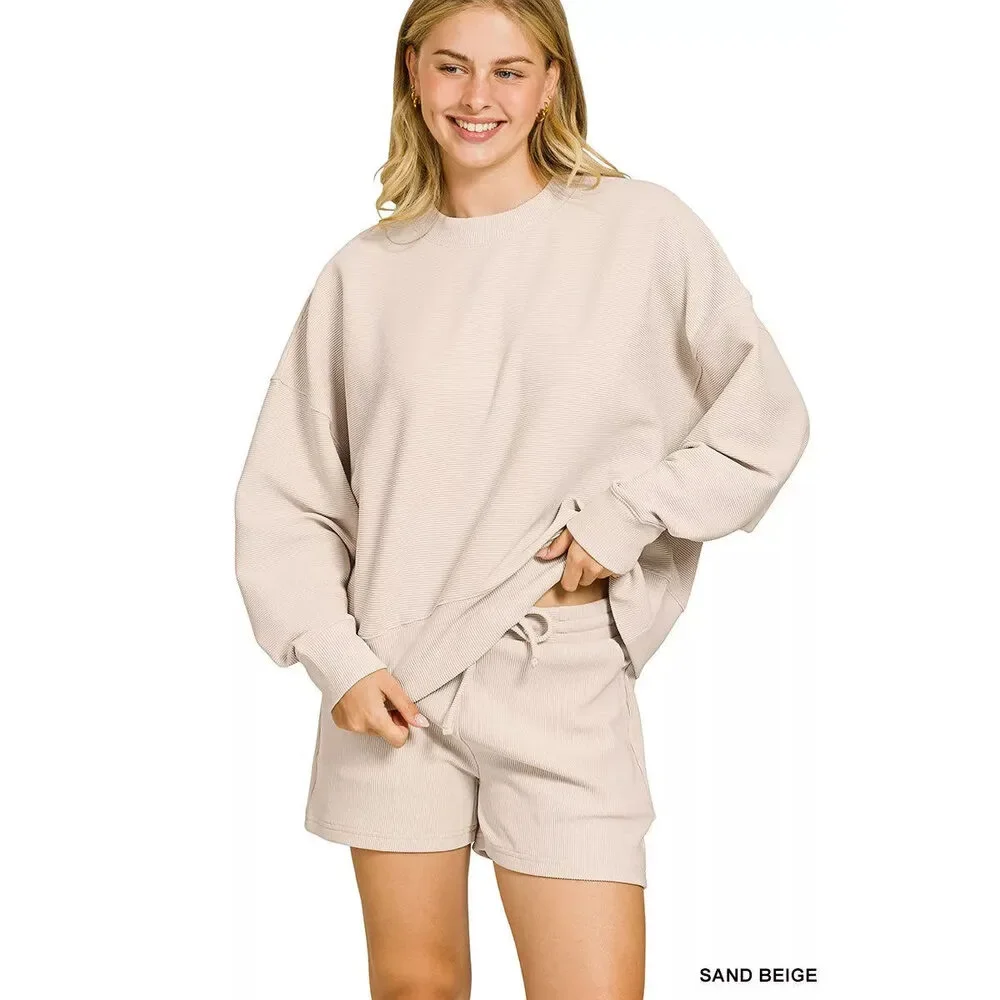 Zenana Ribbed Round Neck Pullover and Shorts Set